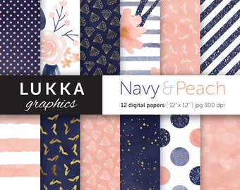 Sale; Navy and peach digital paper pack; digital patterns; watercolor, glitter and gold; flowers, high heels, diamonds, dots, stripes