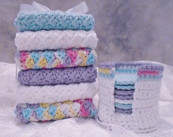 Hand Crochet 100% Cotton Bath/Spa Set Wash/Face Cloths with Scrubbies and Holder