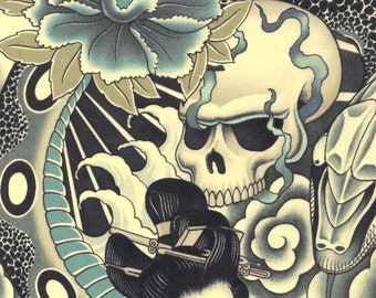 Alexander Henry Gothic Zen Charmer in Green Geisha, Skull, Snake Collage 100% Cotton Fabric - HALF METRE