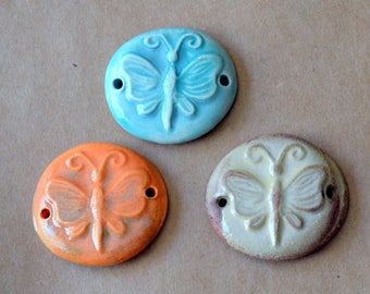 3 Handmade Ceramic Beads - Butterfly Bracelet Beads - Stoneware Link Beads - Rustic Butterfly Links Perfect for Summer Bracelets