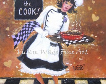 Lady Chef Art Print, girl chef, fat chef paintings, woman waitress, female chef, lady cook, kitchen wall art, wall decor, Vickie Wade art