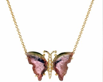 14K Rose Gold Watermelon Tourmaline Butterfly Necklace
