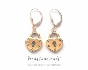 Antiqued Gold Heart Lock Earrings - Gold Heart Lock Earrings - Valentine Earrings - Heart Lock Charm Earrings