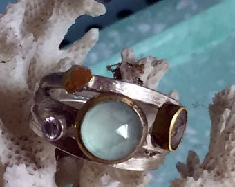 Handmade ring with aqua calcedonia, Finger ring with amethyst, sterling silver ring,unique ring