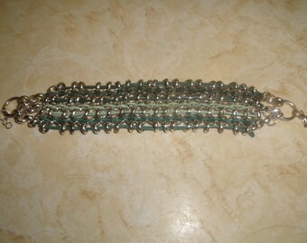vintage bracelet silvertone braided links green thread