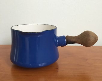 Vintage DANSK France Sauce Pan Dark Blue Porcelain Enamel Wood Handle