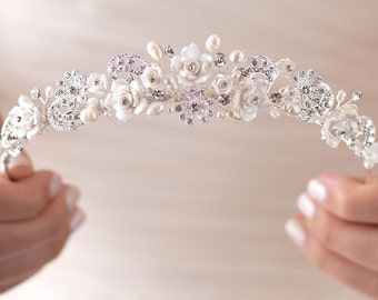 Rhinestone & Pearl Wedding Tiara, Bridal Hair Accessory, Pearl Bridal Tiara, Floral Wedding Crown, Flower Crown, Bridal Headpiece ~TI-3235