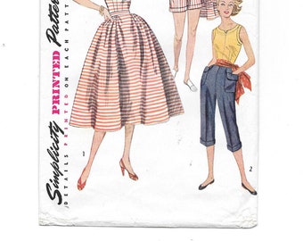 1950s Capri Pants Blouse Skirt Shorts Vintage Sewing Pattern ~ Rockabilly ~ Pedal Pushers Sleeveless Top Full Skirt Shorts ~ Size 12 Bust 30