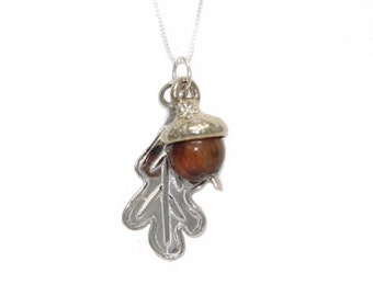 Acorn Leaf Necklace - Grow ! - Sterling Silver with Red Tiger Eye
