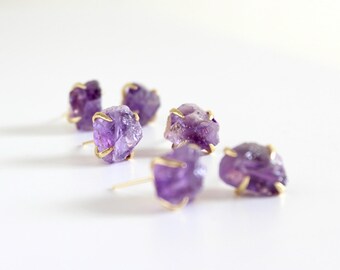 Amethyst earrings - raw amethyst earrings - raw stone studs - amethyst earrings gold - geode earrings - raw crystal earrings - purple stone