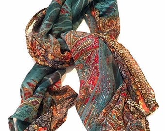 Jade green chiffon scarf with multi-coloured and patterned design - "Florentine Glass"