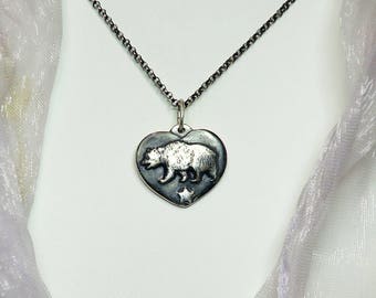 Silver California bear heart pendant
