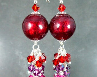 Red Murano Glass Earrings, Red Purple Pink Long Crystal Dangle Earrings Sparkling Cluster Earrings Venetian Murano Jewelry Special Occassion