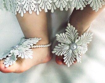 Ivory barefoot sandals, baptismal barefoot sandals, lace barefoot sandals, baby girl sandals, christening sandals, infant lace sandals