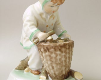 Large,Vintage,Hungarian, ZSOLNAY porcelain child w.basket,hand painted
