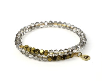 Gold Hematite and Silver Crystal Glass Beaded Adjustable Bracelet