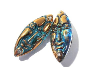 Czech Glass Button, Moonglow Glass, Tribal Mask, Blue Glass, Gold Luster, Clear Rhinestones Two (2) Buttons, Jewelry Sewing Supply (G311)