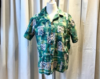 Vintage Hawaiian Barkcloth Button Up Men's Shirt, Short Sleeve Luau/Tiki Aloha Shirt Sz M