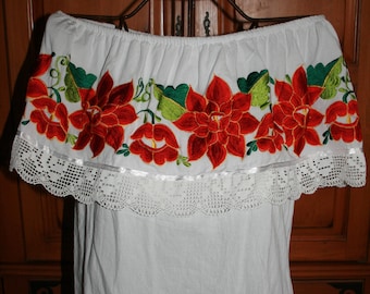 Yucatan area Mexican Embroidery off Shoulder Peasant White Blouse Black Medium Large XLarge