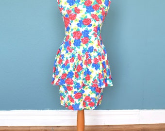 Vintage 80's White Floral Print Cotton Dress UK Size 10