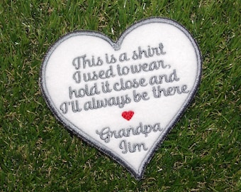 Personalised Heart shaped Memory Patch, for memory cushions/bears. 4 inch . This is a shirt i used to wear poem with heart. Iron or sew on
