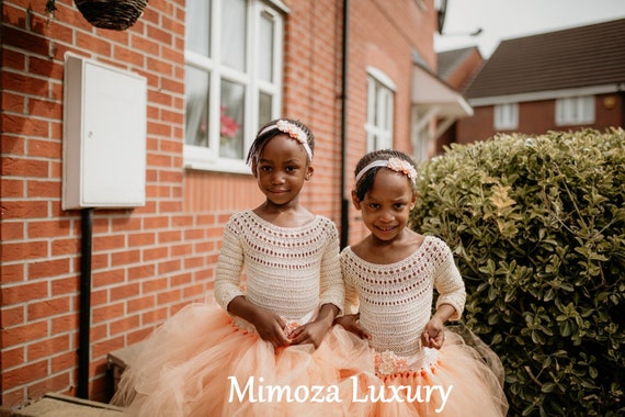 Peach Flower girl dress, 3/4 sleeve peach tulle flower girl dress, handmade peach wedding tulle dress, hand knit tutu dress in peach