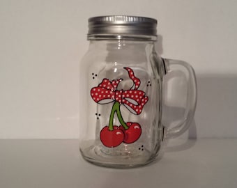 Wonderfull handpainted Rockabilly Cherries on a nice glass mug