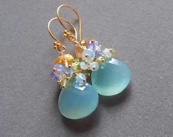 Aqua Chalcedony Ethiopian Opal Golden Citrine Gemstone Cluster Earrings Tanzanite Peridot Bridal Earrings