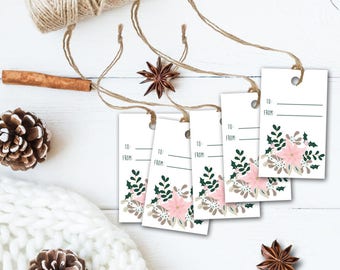 Set of 5 Christmas floral gift tags, christmas wrapping gift tags, gift tag set, set of gift tags, christmas gift tags