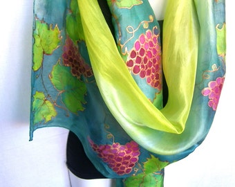 Green Silk Scarf, Hand Painted Silk Scarf, Grapevine, Grapes, Forest Green, Lime, Burgundy, Rustical Silk Scarf, 71" x 18"