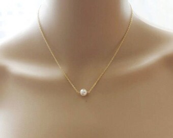 Pearl necklace- Rose Gold pearl necklace- Floating pearl necklace- Bridesmaid necklace- Bridesmaid gift - Bridal necklace- Bridal party gift