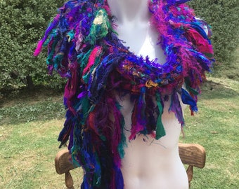 sale Purple Blue silk scarf, multicolored silk scarf, recycled silk scarf, hand knitted silk scarf, boho tattered rag scarf