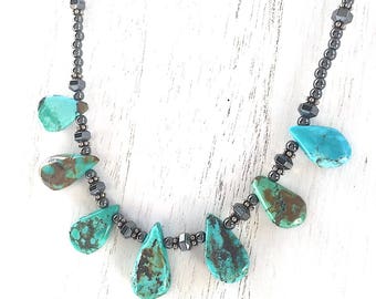 Genuine Turquoise Gemstone Necklace, Hematite Gemstones