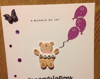 Handmade Newborn Baby Girl Card With Bear Holding Balloons