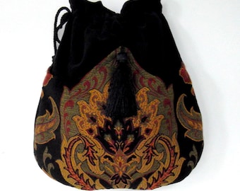 Tapestry Boho Bag Drawstring Bag Black Velvet Bag Bohemian Bag Crossbody Purse/Shoulder Bag
