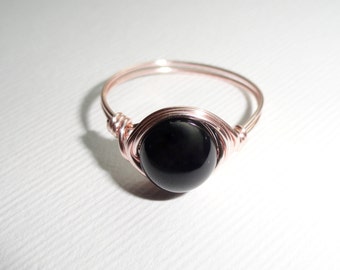 Rose gold onyx wire ring, Onyx wire wrapped ring, Gemstone ring, Rose gold ring, Black stone ring