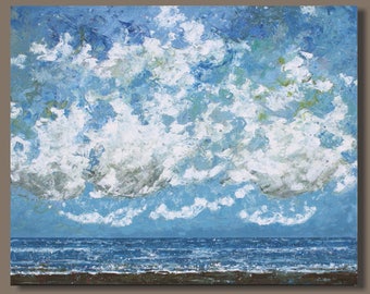 FREE SHIP abstract painting, landscape painting, semi abstract seascape, ocean painting, beach art, blue, clouds and sand oblong wall art
