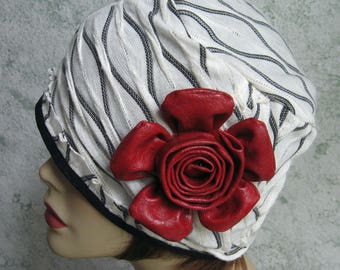 Womens Hat Black And White Textured Light Weight Knit Fabric With Large Faux Red Leather Flower Trim Chemo Hair Loss Hat Head Size 21- 23