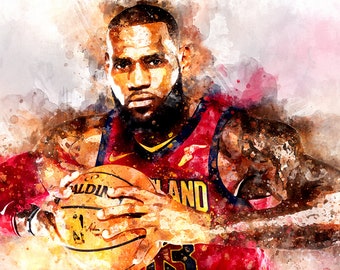 LeBron James, Sports Art Print, Basketball Poster, Kids Decor, Watercolor Contemporary Abstract Drawing Print, Man Cave
