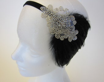 Silver Great Gatsby headband, black feather 1920s flapper fascinator, Art Deco wedding hair accessories beaded headband bridesmaids