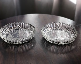 Etched Glass Iris Candy Dishes - Set of 2