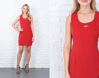 Vintage 90s Red Striped Dress Sleeveless Retro Medium M stretch Mini 11236