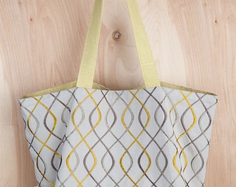 Infinity Tote Bag- Christmas Present- Linen Tote bag- Chartreuse and Grey Tote- by beckyzimmdesign