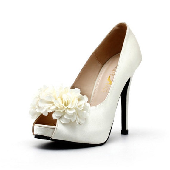 Ivory White Satin Wedding Shoes with Flowers