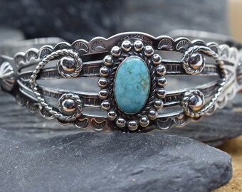 Vintage Southwestern Style Adjustable Sterling Silver/Kingman Turquoise Cuff Bracelet