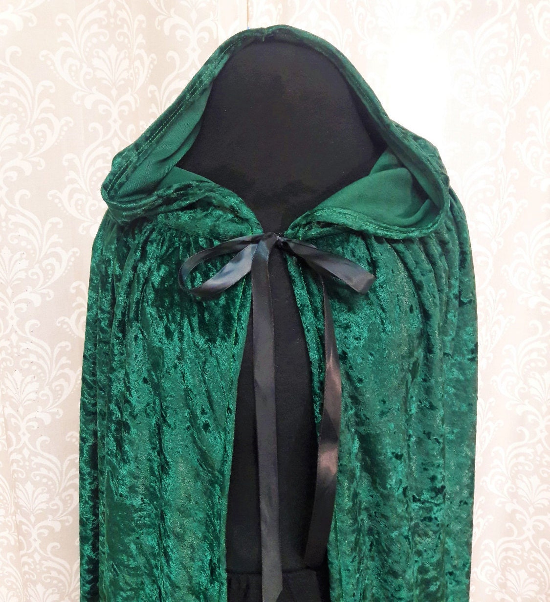 Green Hooded Cloak Dark Green Cape Crushed Velvet Hooded