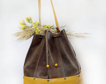 Brown Leather bucket bag womens shoulder bag leather handmade handbag cross body drawstring bag distressed leather leather pouch bag