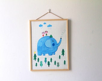 Elephant with friends BIG PRINT , home decor , wall art
