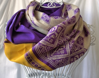 Plucky Purple and Gold Sari Silk Infinity Scarf (88" x 17")