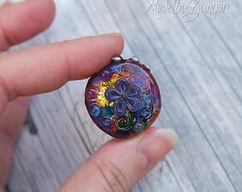 Rainbow Garden, 3D pretty flower Lampwork Focal Bead, rainbow, purple, gold